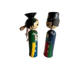 Kokeshi Bobble‎ Head Japanese Wood Dolls Set of 2 Geisha Woman Man